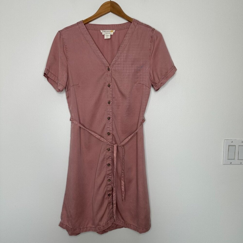 C&C California Button up Dress‎ Size M Pink Lyocell V Neck Waist tie